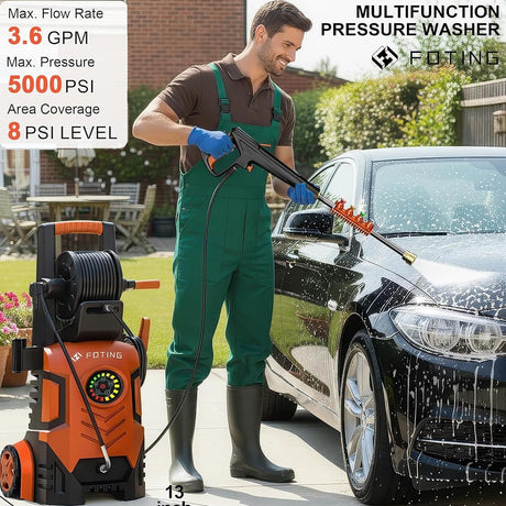 FOTING Pressure Washer 5000PSI — 8-Level Touch Screen, 34" Tall, Red