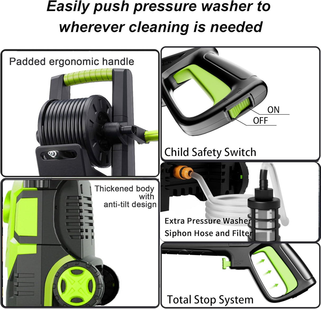 FOTING Electric Pressure Washer 4800PSI — 34" Tall, 4 Nozzles, Green