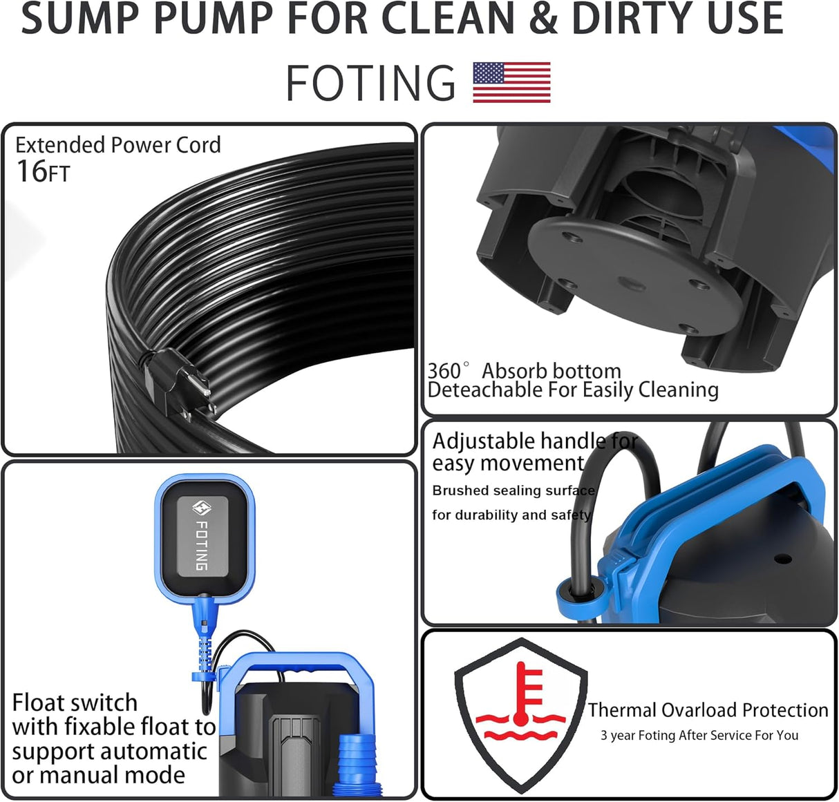FOTING Submersible Sump Pump — High Flow, Clean & Dirty Water, Float Switch, Extra Large