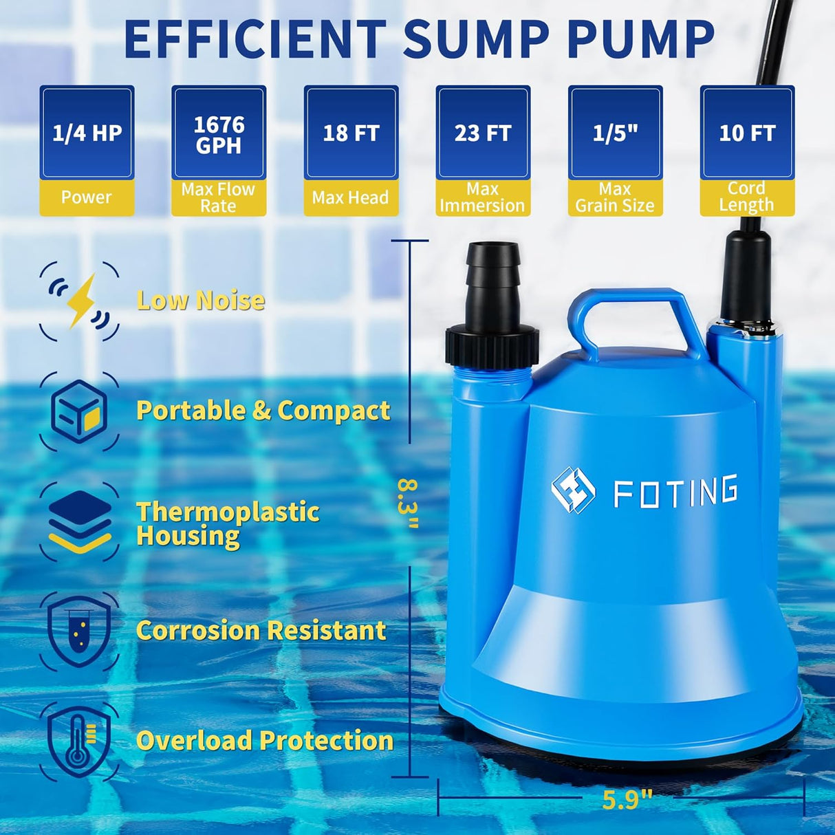 FOTING 1/4HP Submersible Sump Pump 1676GPH — Clean & Dirty Water