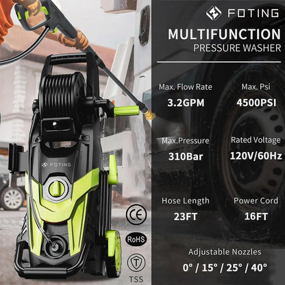 Upgraded Pressure Power Washer 4500PSI with 4 Quick Connect Nozzles, Inlet Hose & Filter, Foam Cannon for Cars/Fences/Driveways/Patios/Home Cleaning,Green