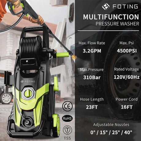 FOTING Electric Pressure Washer 4500PSI — 4 Nozzles & Foam Cannon, Green