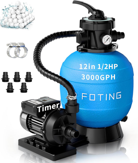 2026New Sand Filter Pump with Timer for Above Ground Pool, Pool Pumps Above Ground with 7-Way Multi-Port Valve, Pool Sand Filter for High-Efficient Filtration & Circulation, 12inch