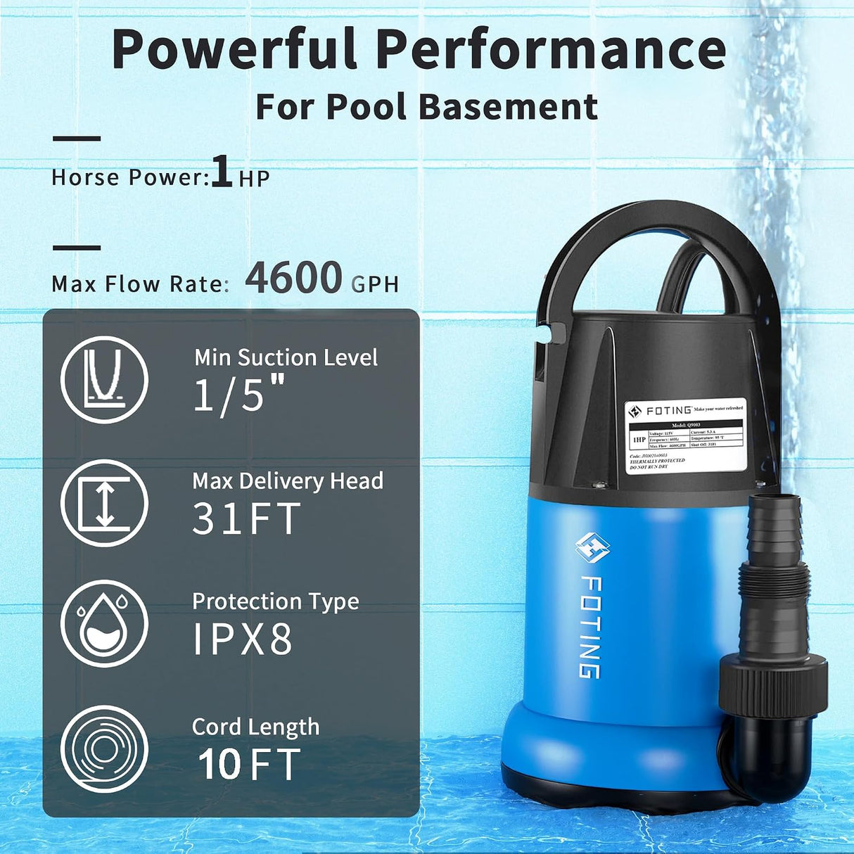 FOTING 1HP Submersible Sump Pump 4600GPH — Clean & Dirty Water, Manual, 10FT Cord