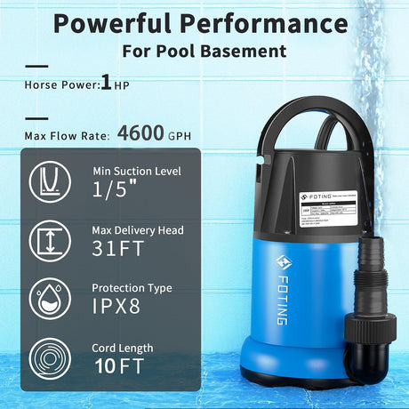 FOTING 1HP Submersible Sump Pump 4600GPH — Clean & Dirty Water, Manual, 10FT Cord