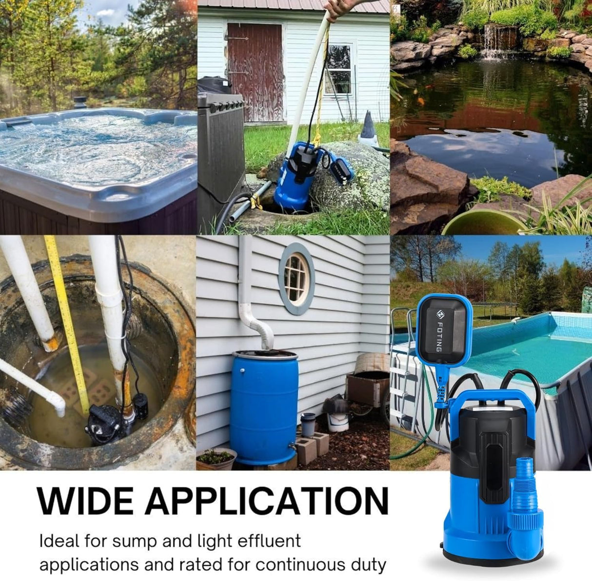 FOTING 1/2HP Submersible Sump Pump 4900GPH — Clean & Dirty Water, Blue