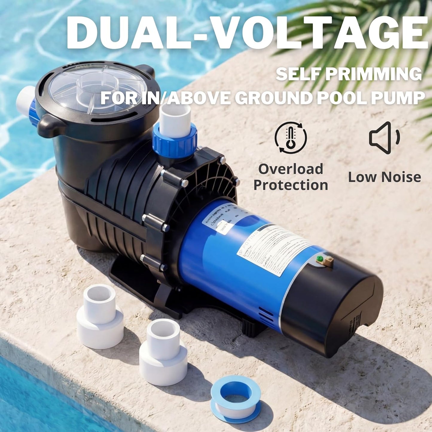 FOTING In/Above Ground Pool Pump, Self Primming Pool Pump High Flow 1.5" & 2" NPT Inlet Connectors, Blue&Black