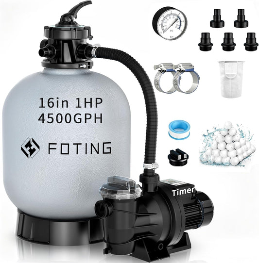 2026New Sand Filter Pump with Timer for Above Ground Pool, Pool Pumps Above Ground with 6-Way Valve, Pool Sand Filter for Efficient Circulation & Filtration, 16in