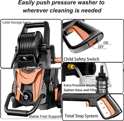 2025Upgraded Pressure Washer 4500PSI with 4 Quick Connect Nozzles,Inlet Hose & Filter, Foam Cannon for Cars/Fences/Driveways,Red