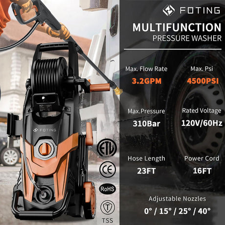 FOTING Electric Pressure Washer 4500PSI — 4 Nozzles & Foam Cannon, Red