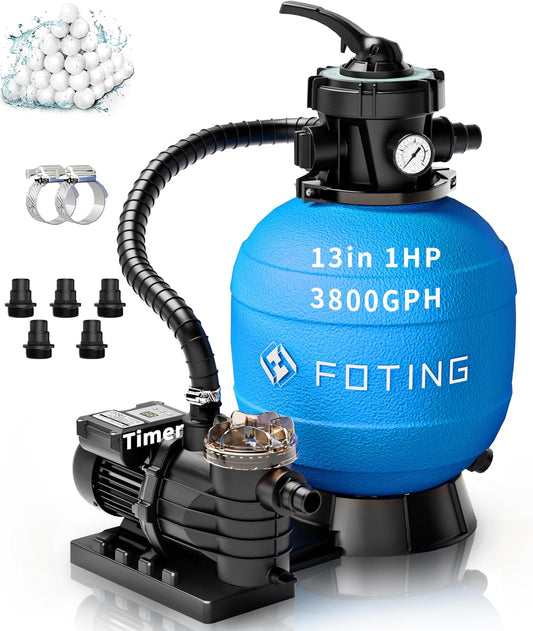 FOTING 2026New Sand Filter Pump with Timer for Above Ground Pool, Pool Pumps Above Ground with 7-Way Multi-Port Valve, Pool Sand Filter for High-Efficient Filtration & Circulation, 13inch