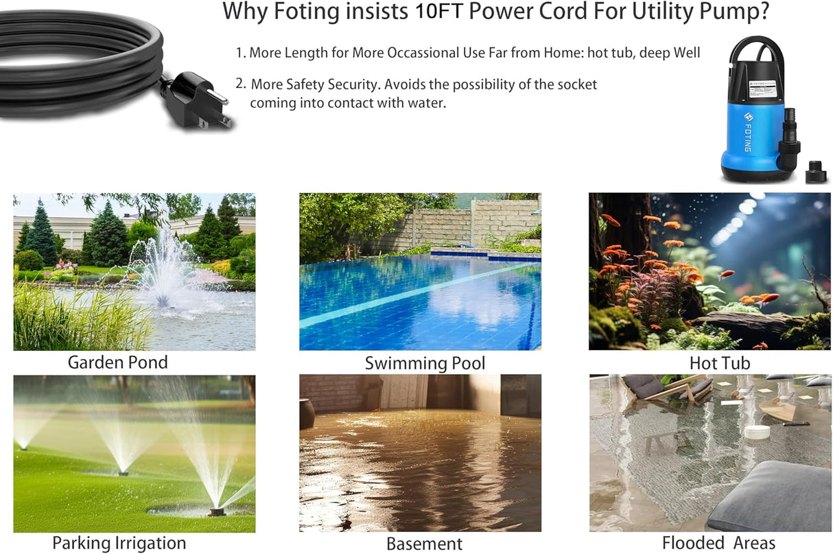 FOTING 1HP Submersible Sump Pump 4600GPH — Clean & Dirty Water, Manual, 10FT Cord