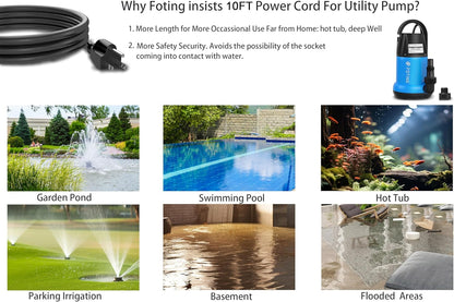 FOTING Sump Pump 1HP Clean/Dirty Submersible Water Pump,4600GPH Utility Pump Thermoplastic Electric Portable Transfer Water Pump for Swimming Pool Pond Basement with 10ft Power Cord,Manual
