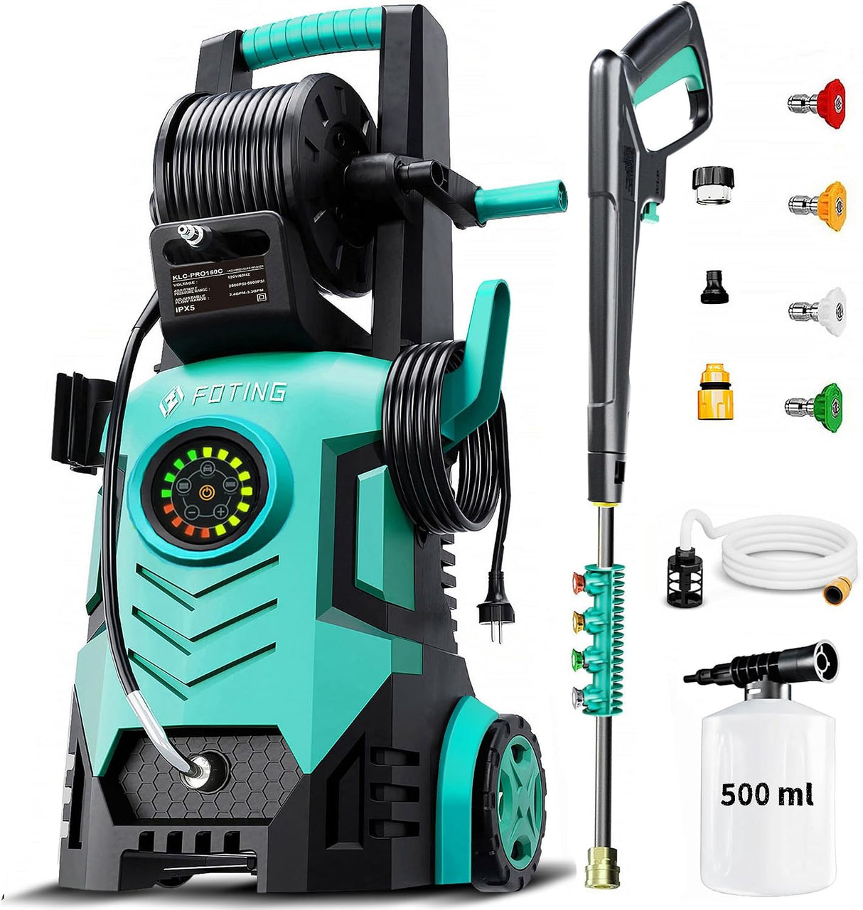 FOTING Electric Pressure Washer 4500PSI — 4 Nozzles & Foam Cannon, Blue