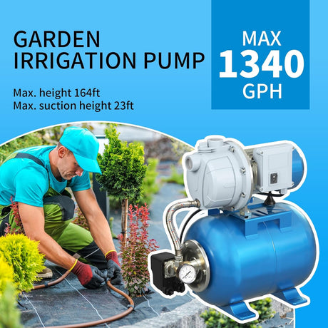 FOTING 1.5HP Shallow Well Pump 1340GPH — Pressure Tank, 164FT, Blue