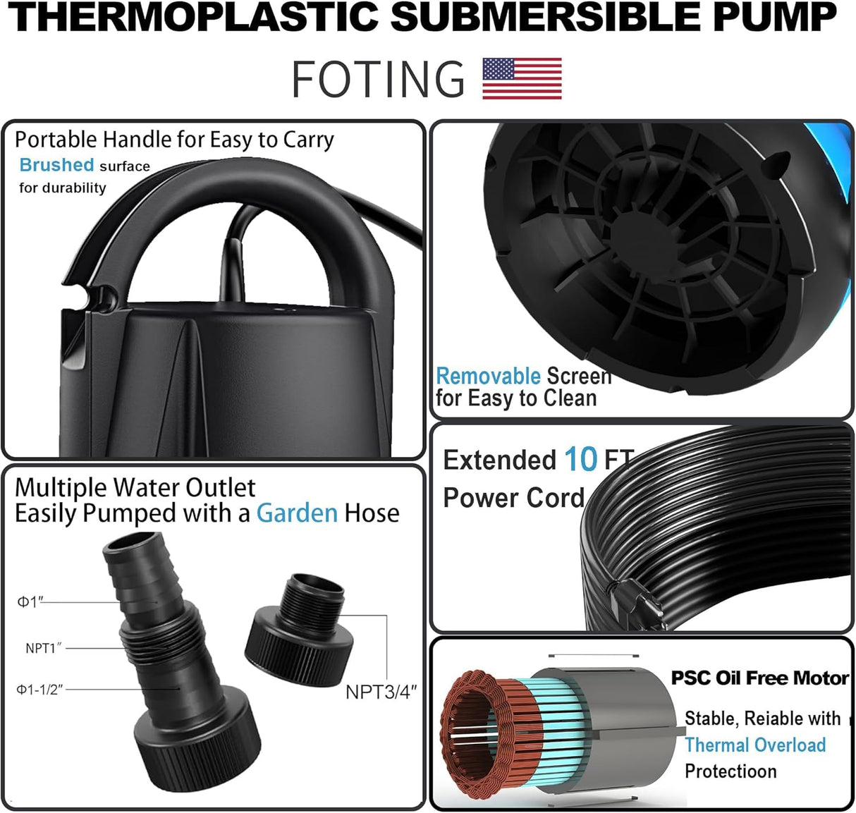 FOTING 1HP Submersible Sump Pump 4600GPH — Clean & Dirty Water, Manual, 10FT Cord