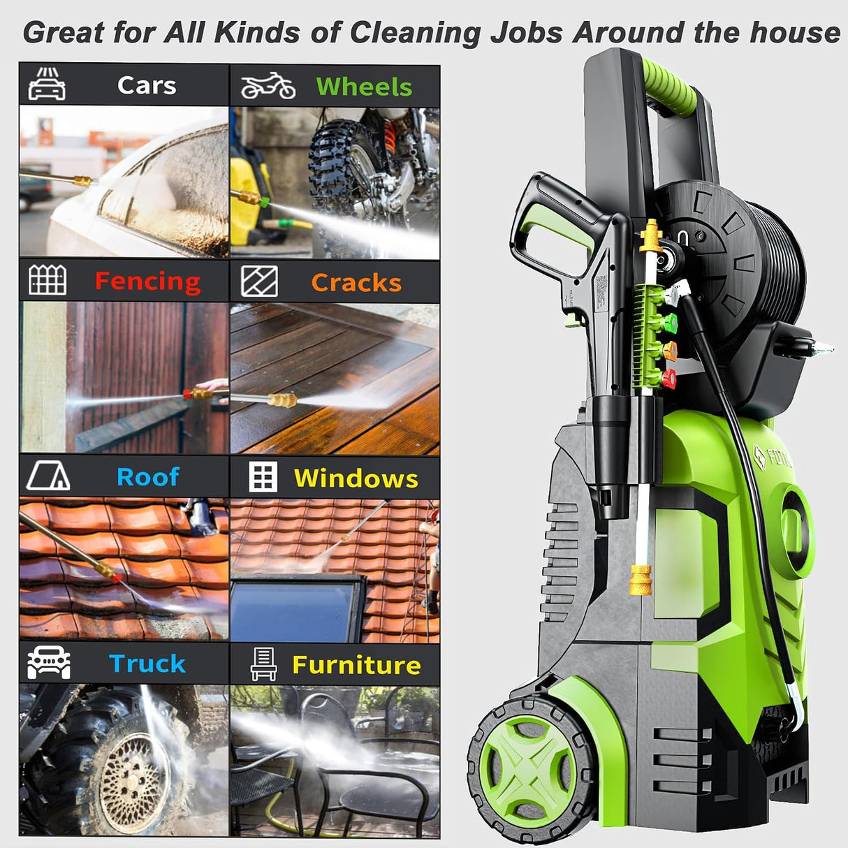 FOTING Electric Pressure Washer 4800PSI — 34" Tall, 4 Nozzles, Green