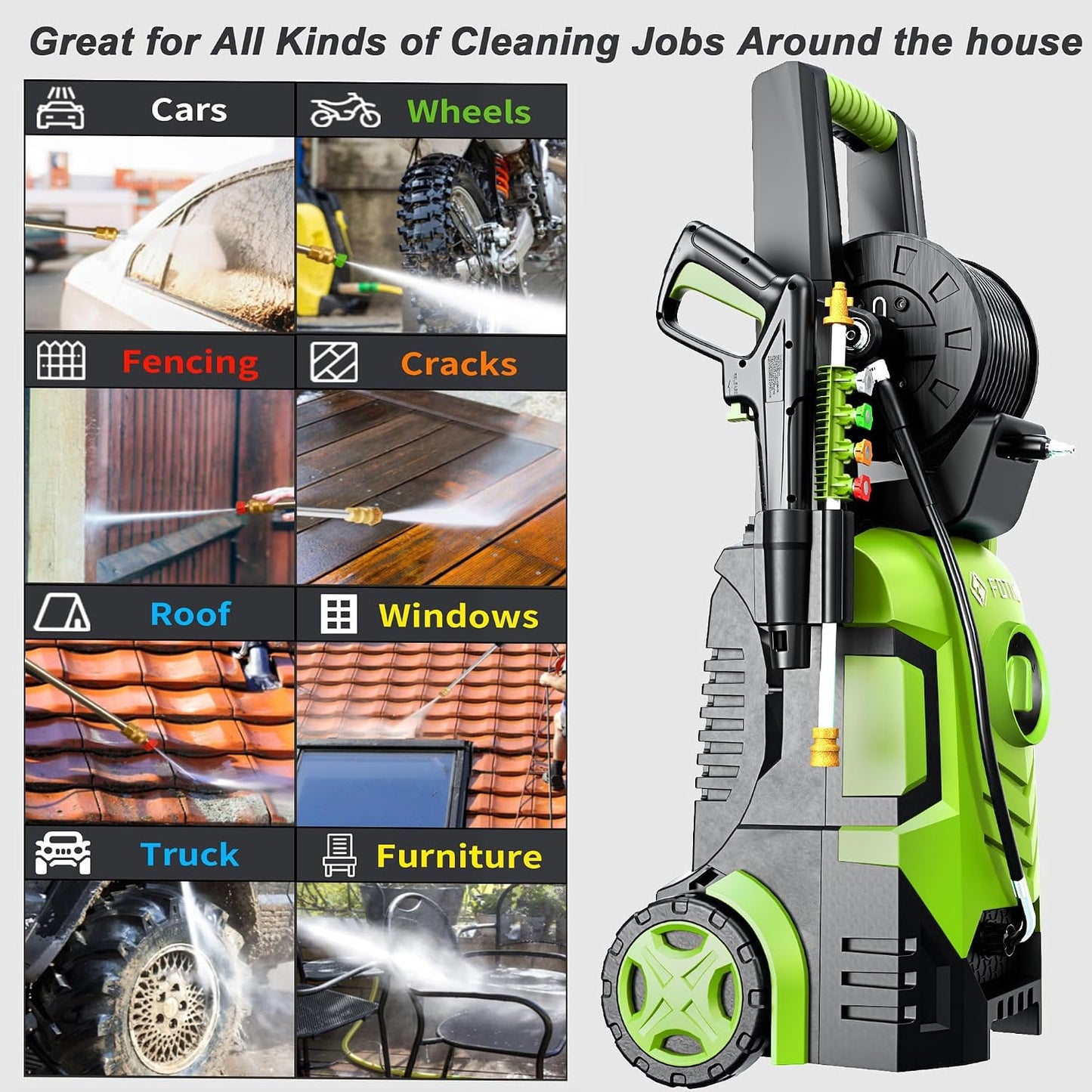2026New Pressure Washer 4800PSI, 34" Tall, 4 Quick Connect Nozzles,Inlet Hose&Filter&500mlFoam Cannon for Cars/Fences/Driveways/Home Cleaning,Green