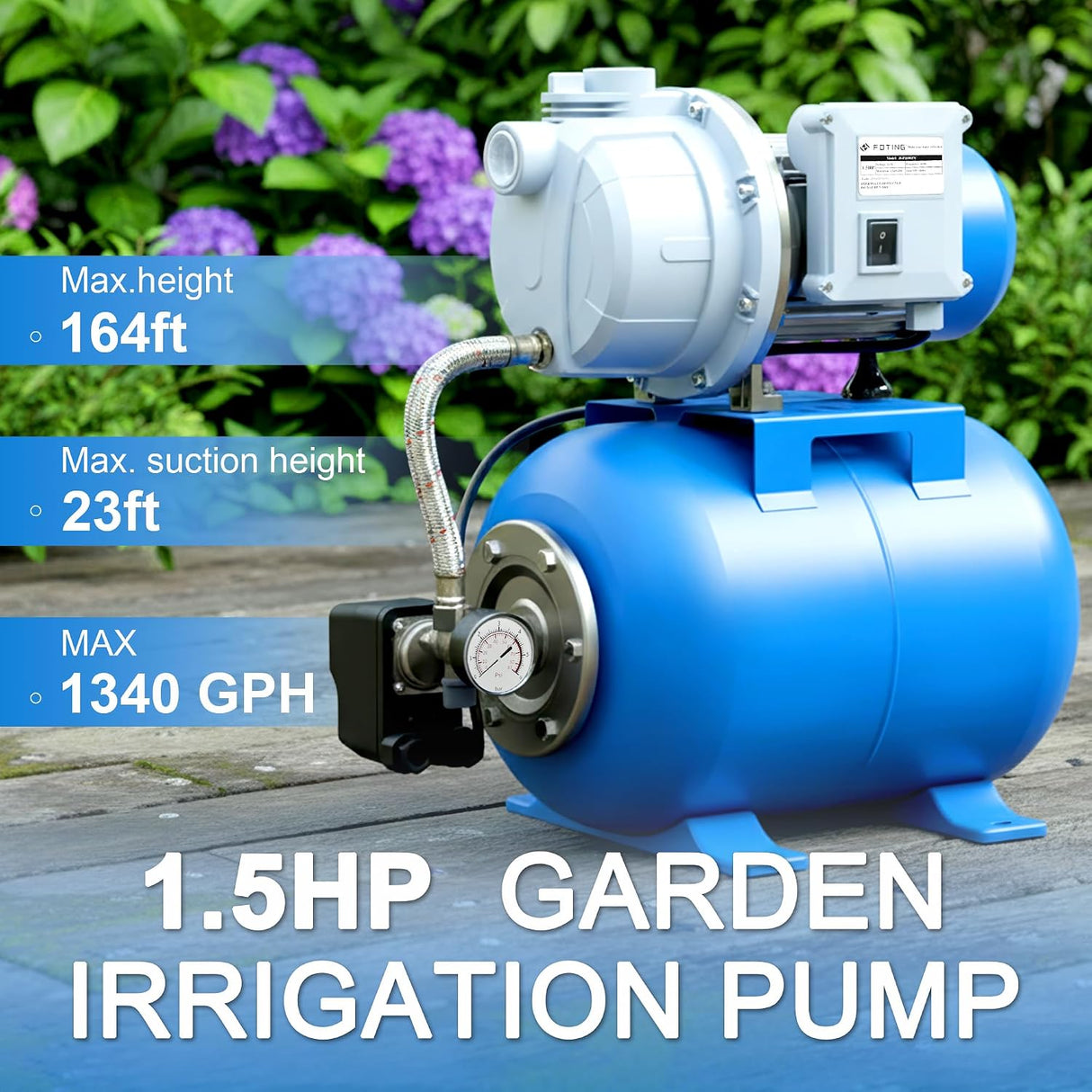 FOTING 1.5HP Shallow Well Jet Pump 1340GPH — Stainless Steel, Blue