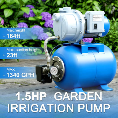 FOTING 1.5HP Shallow Well Pump w/Pressure Tank, 1340GPH Jet Pumps Garden Pump, Water Transfer Draining Irrigation Pumps, Water Booster Jet Pump Stainless Steel for Home Garden Lawn Farm, Blue