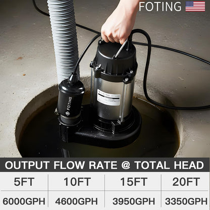 FOTING 1HP 6000GPH Sump Pump Submersible Sewage/Effluent Pump, Heavy Duty Cast Iron Septic Pump, Sump Pumps for Basement, Septic Tank, Sewage Well, Sewage System, 1-1/2'' NPT Discharge