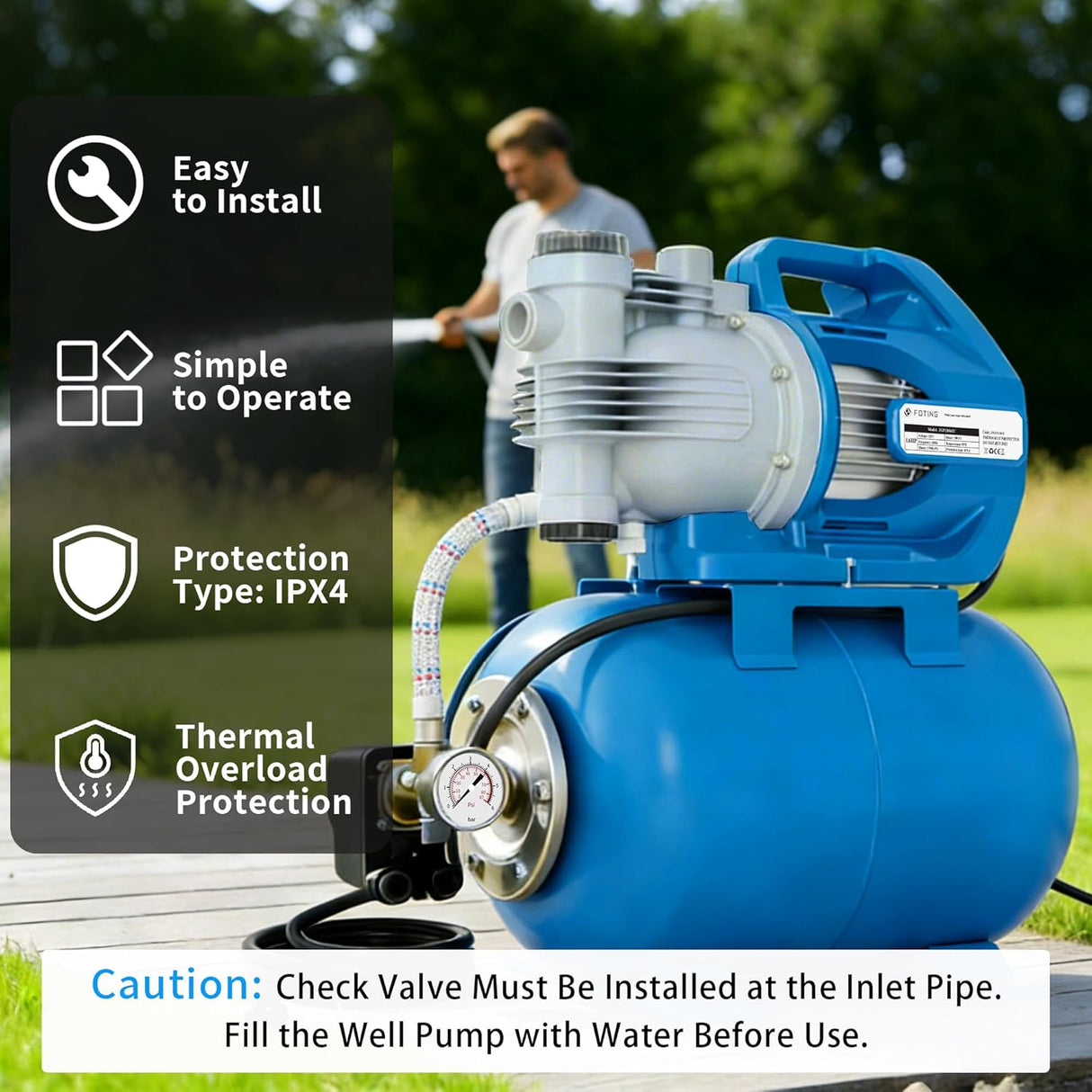 FOTING 1.6HP Shallow Well Pump 1700GPH — Pressure Tank, 180FT, Blue