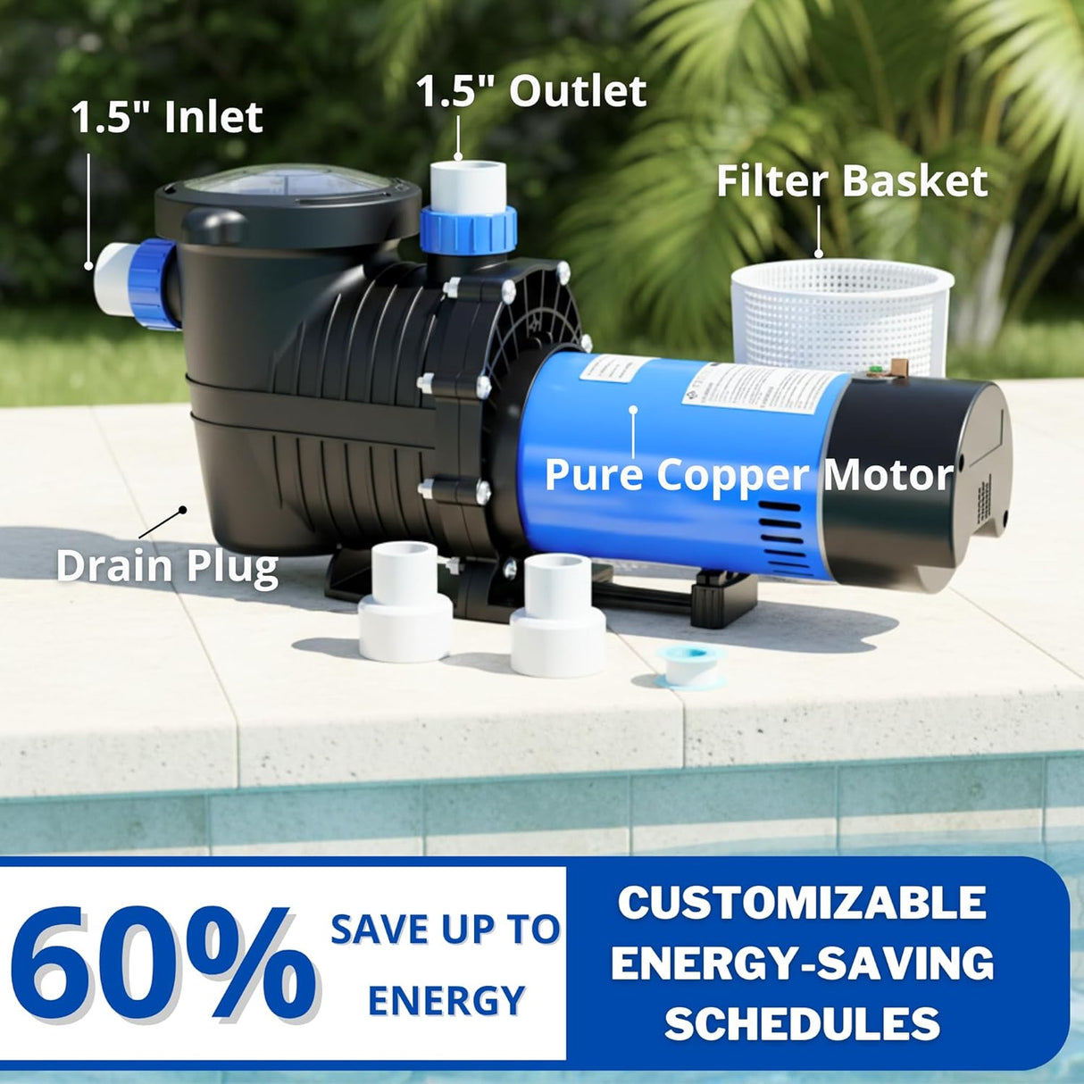 FOTING In/Above Ground Pool Pump — Self-Priming, High Flow, 1.5" & 2" NPT, Blue & Black (V2)