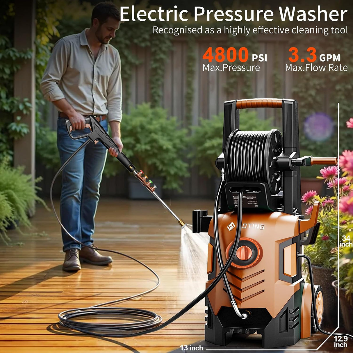 FOTING Electric Pressure Washer 4800PSI — 34" Tall, 4 Nozzles, Red