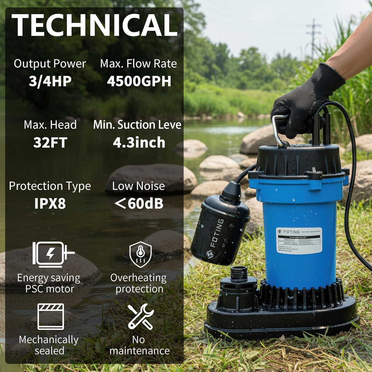 FOTING 3/4HP Cast Iron Sewage Pump 4500GPH — Auto Float Switch, 1-1/2" NPT, Blue
