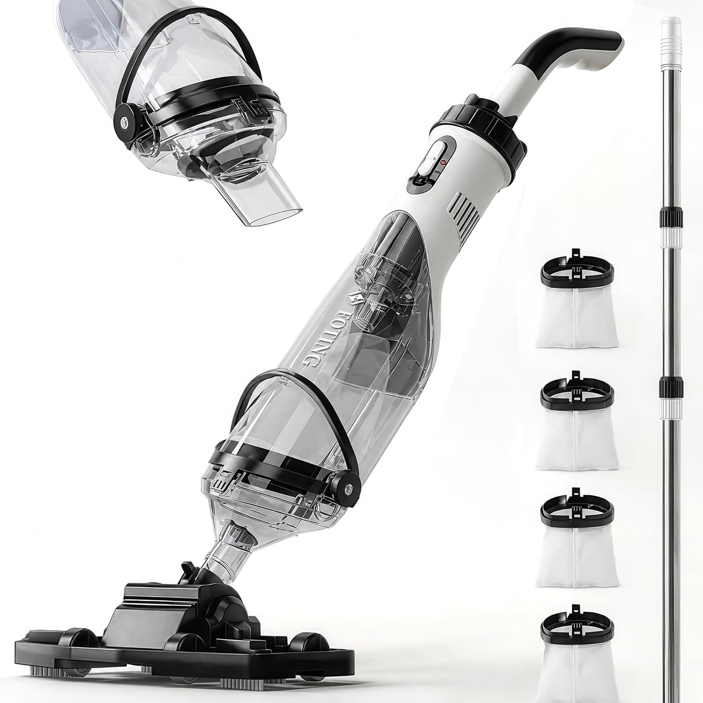 FOTING Cordless Pool Vacuum for Above Ground Pool 19.5 GPM, All-Angle Head&LED Display,Handheld Rechargeable Spa Vacuum Cleaner for Inground Pools for Hot Tub, Debris,Shallow Steps