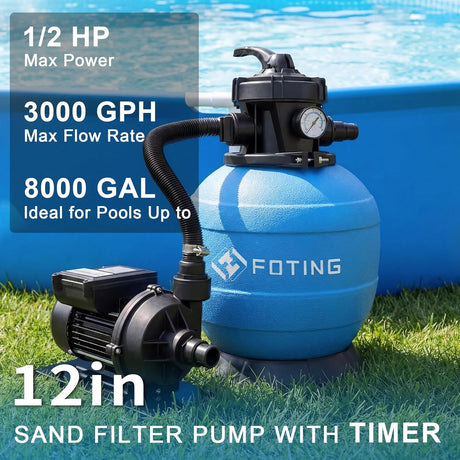 FOTING Sand Filter Pump with Timer — 7-Way Valve, 12" Tank