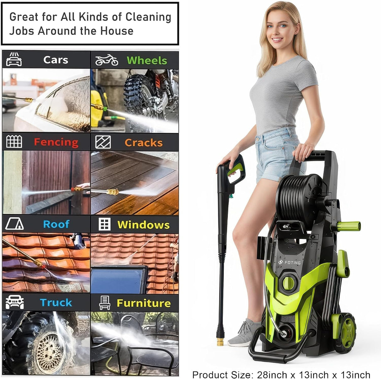 FOTING Electric Pressure Washer 4500PSI — 4 Nozzles & Foam Cannon, Green