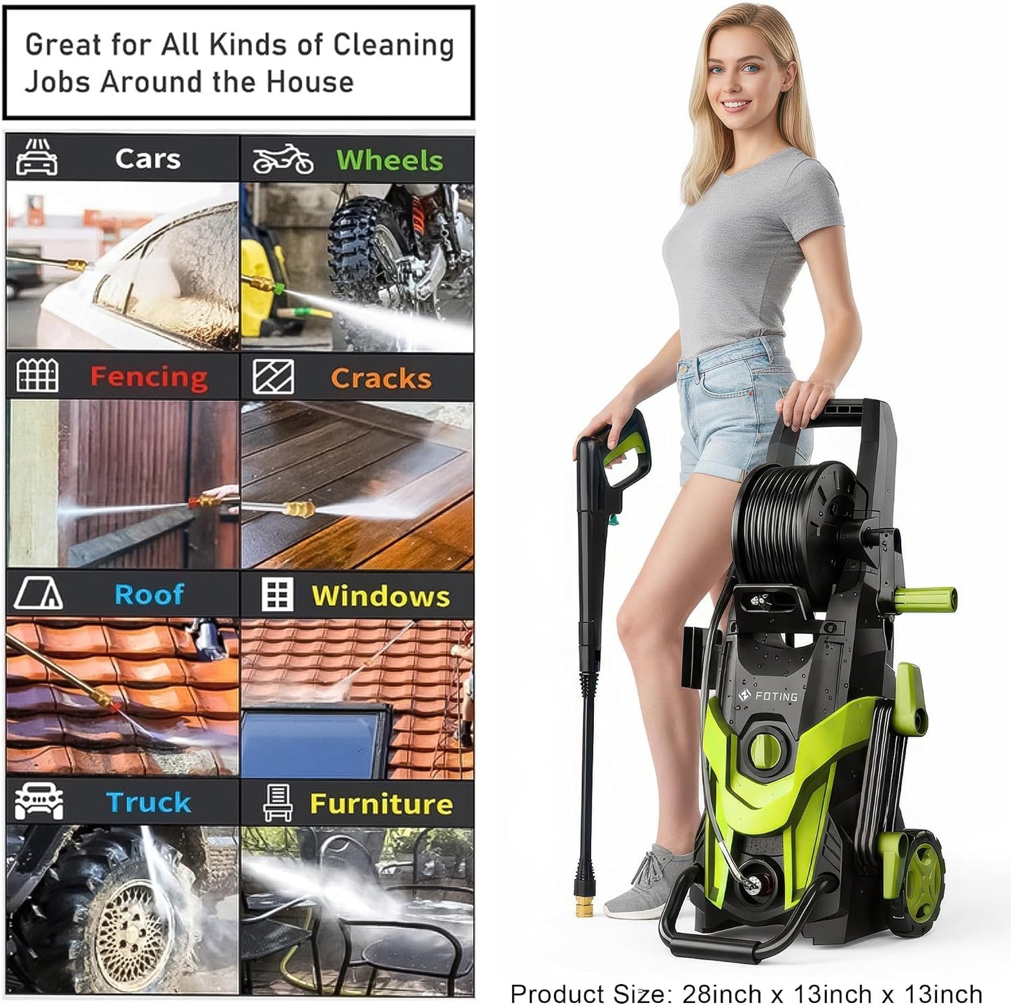 Upgraded Pressure Power Washer 4500PSI with 4 Quick Connect Nozzles, Inlet Hose & Filter, Foam Cannon for Cars/Fences/Driveways/Patios/Home Cleaning,Green