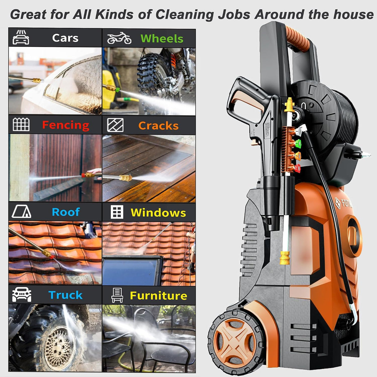 FOTING Electric Pressure Washer 4800PSI — 34" Tall, 4 Nozzles, Red