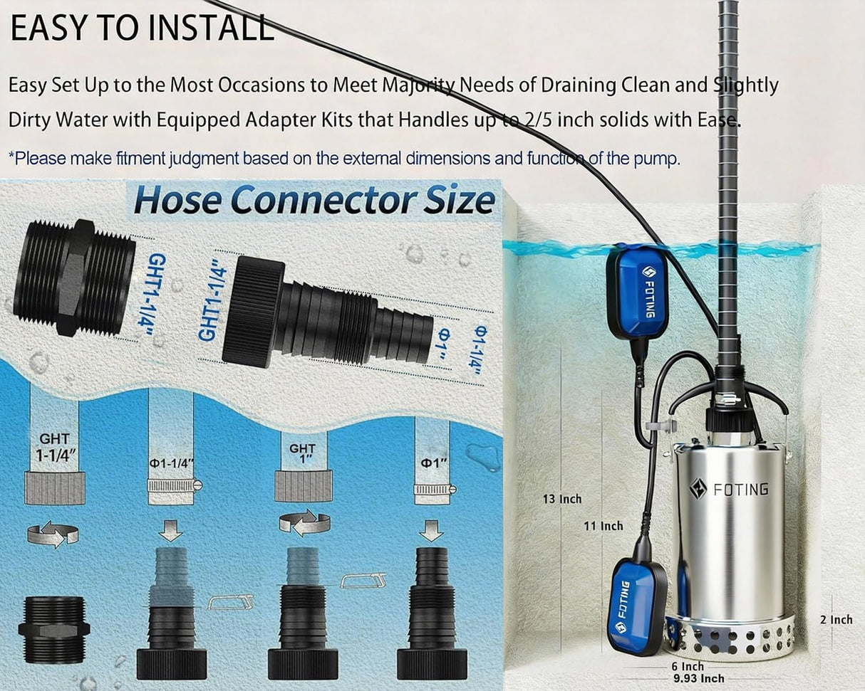 FOTING 1HP Stainless Steel Sump Pump 4600GPH — Auto Float Switch, 10FT Cord