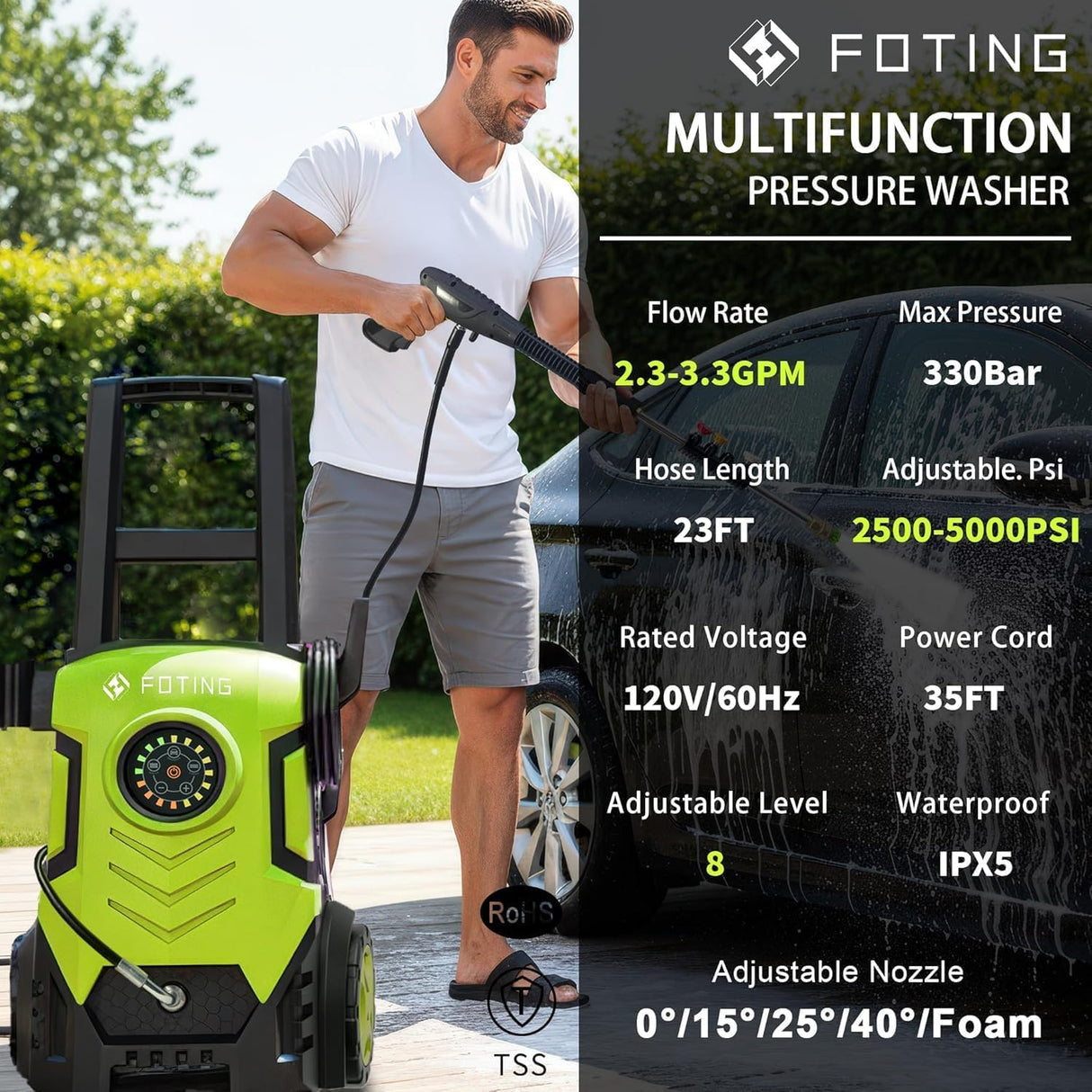 FOTING Electric Pressure Washer 4500PSI — 4 Nozzles & Foam Cannon, 30" Tall