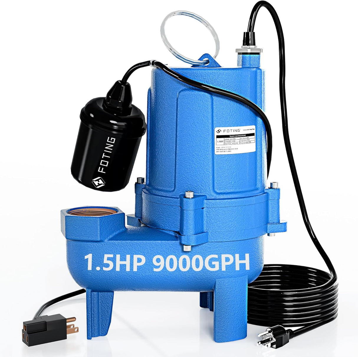 FOTING 1.5HP Cast Iron Sewage Pump 9000GPH — 2" NPT, Blue