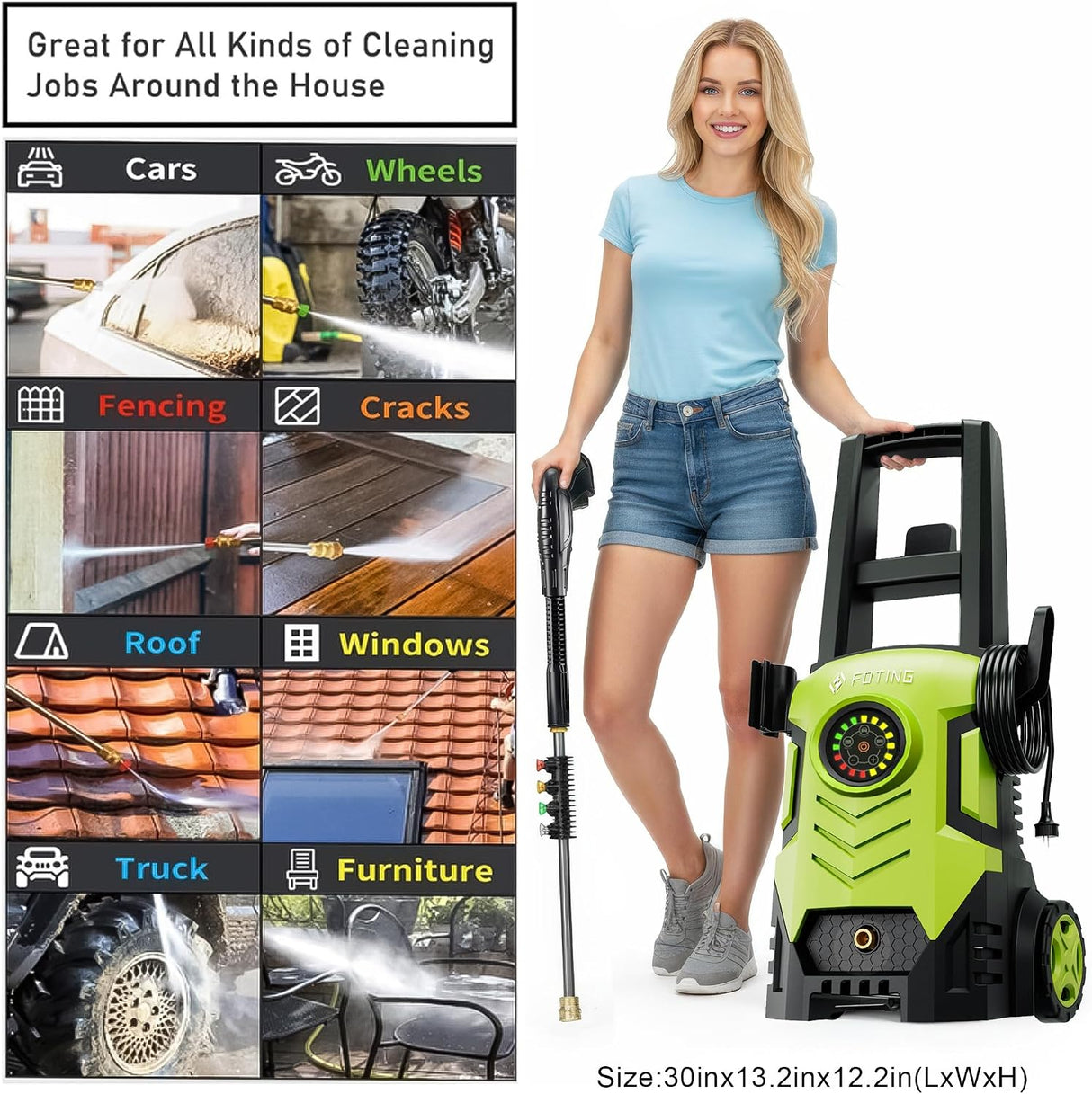 FOTING Electric Pressure Washer 4500PSI — 4 Nozzles & Foam Cannon, 30" Tall