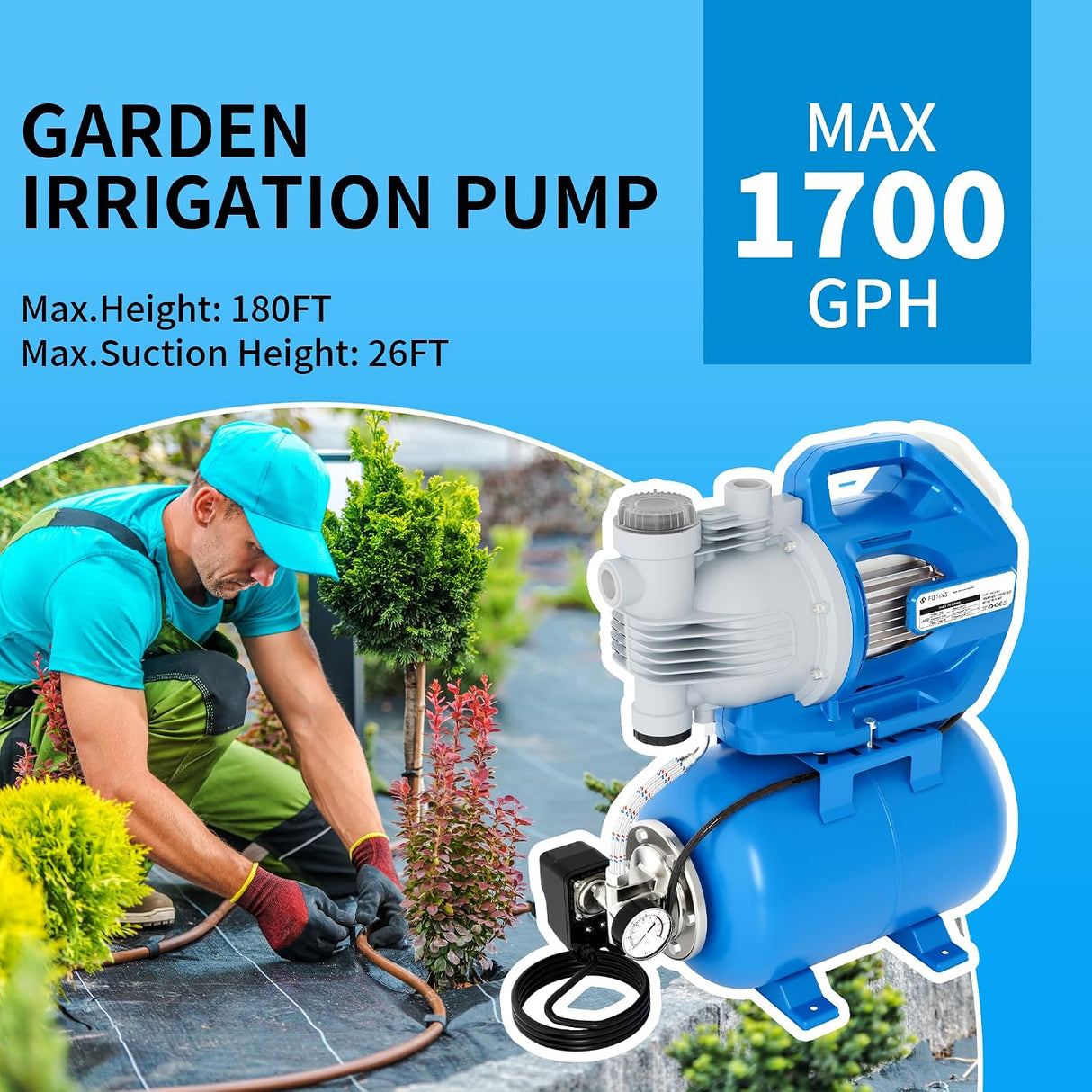 FOTING 1.6HP Shallow Well Pump 1700GPH — Pressure Tank, 180FT, Blue
