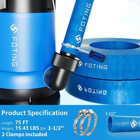 FOTING Pool Backwash Hose 75FT — 1-1/2" Heavy Duty PVC, Lay Flat