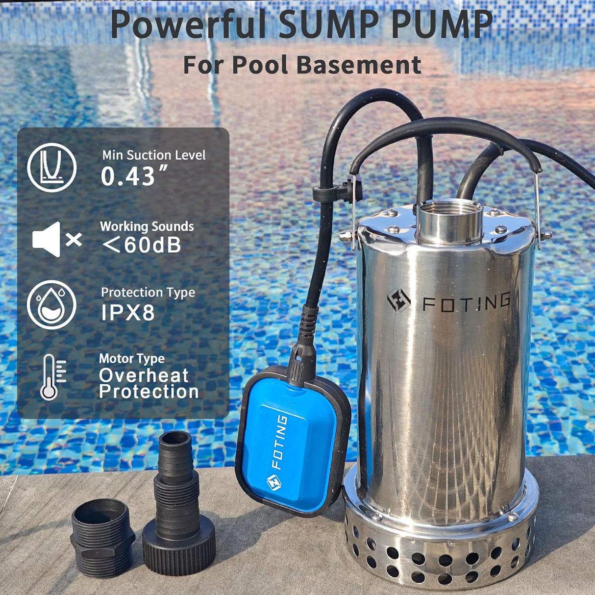 FOTING 1HP Stainless Steel Sump Pump 4600GPH — Auto Float Switch, 10FT Cord
