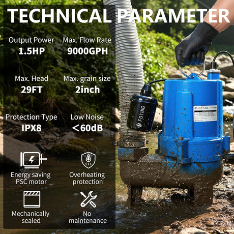 FOTING 1.5HP Cast Iron Sewage Pump 9000GPH — 2" NPT, Blue