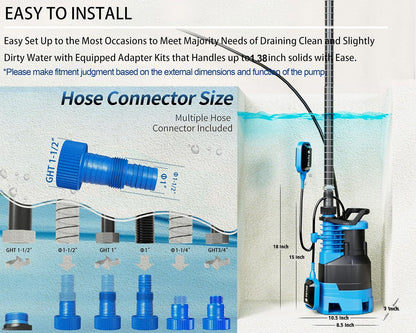 FOTING 1.5HP Sump Pump Automatic & Maunal Mode,with Float Switch, 5000GPH Big Flow Clean & Dirty Submersible Water Pump, 16FT Electric Utility Pump for Pool Draining Hot Tub Garden Basement