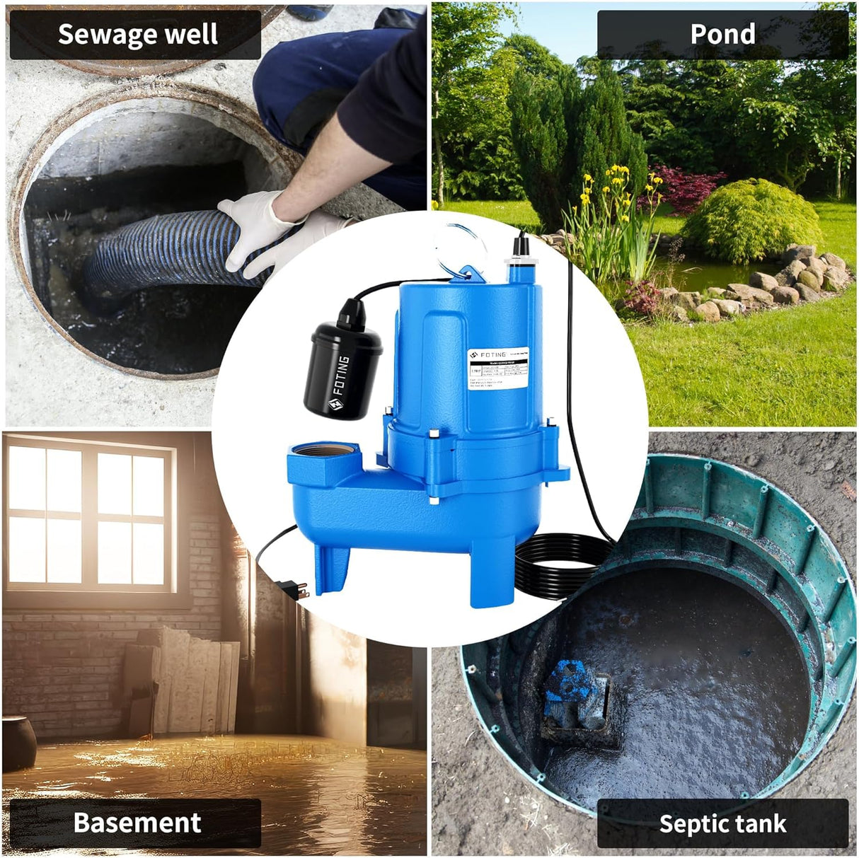 FOTING 1.5HP Cast Iron Sewage Pump 9000GPH — 2" NPT, Blue