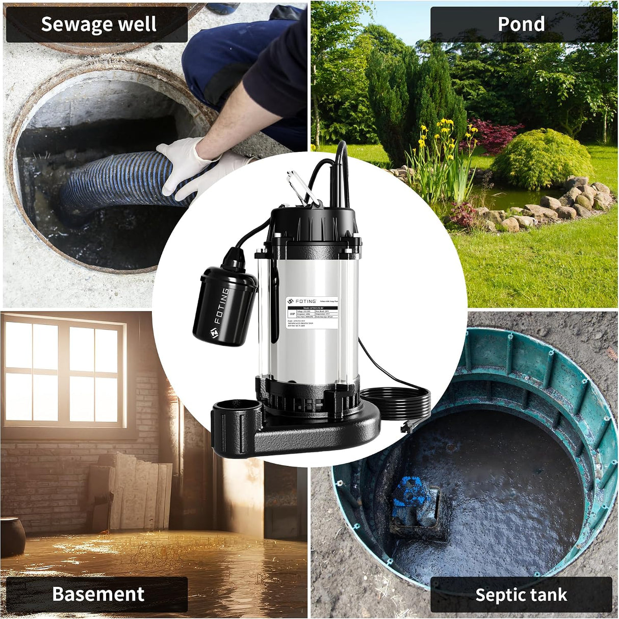 FOTING 1HP Cast Iron Sewage Pump 6000GPH — 1-1/2" NPT