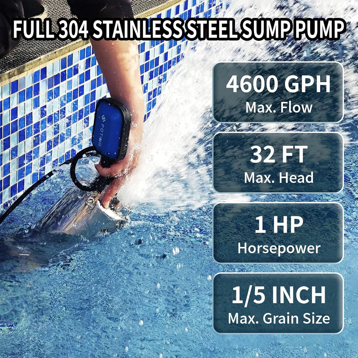 FOTING 1HP Stainless Steel Sump Pump 4600GPH — Auto Float Switch, 10FT Cord