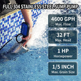 FOTING 1HP Stainless Steel Sump Pump 4600GPH — Auto Float Switch, 10FT Cord