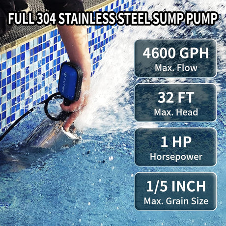FOTING 1HP Stainless Steel Sump Pump 4600GPH — Auto Float Switch, 10FT Cord