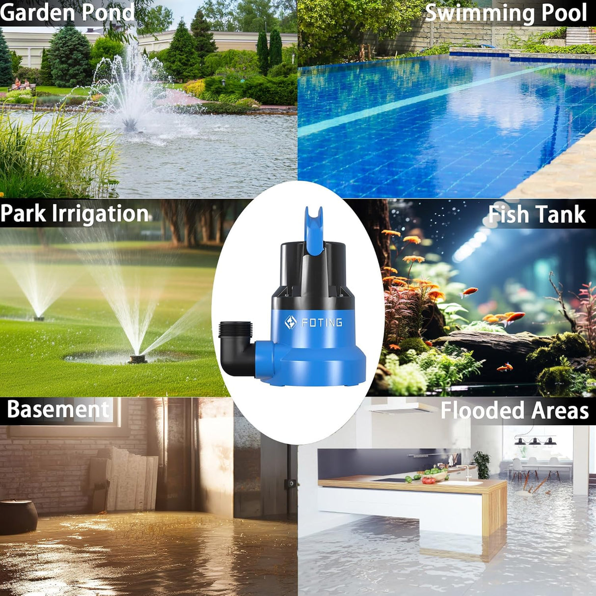 FOTING 1/2HP Submersible Utility Pump 2450GPH — Stainless Steel Base, 0.04" Depth, 10FT Cord (V2)
